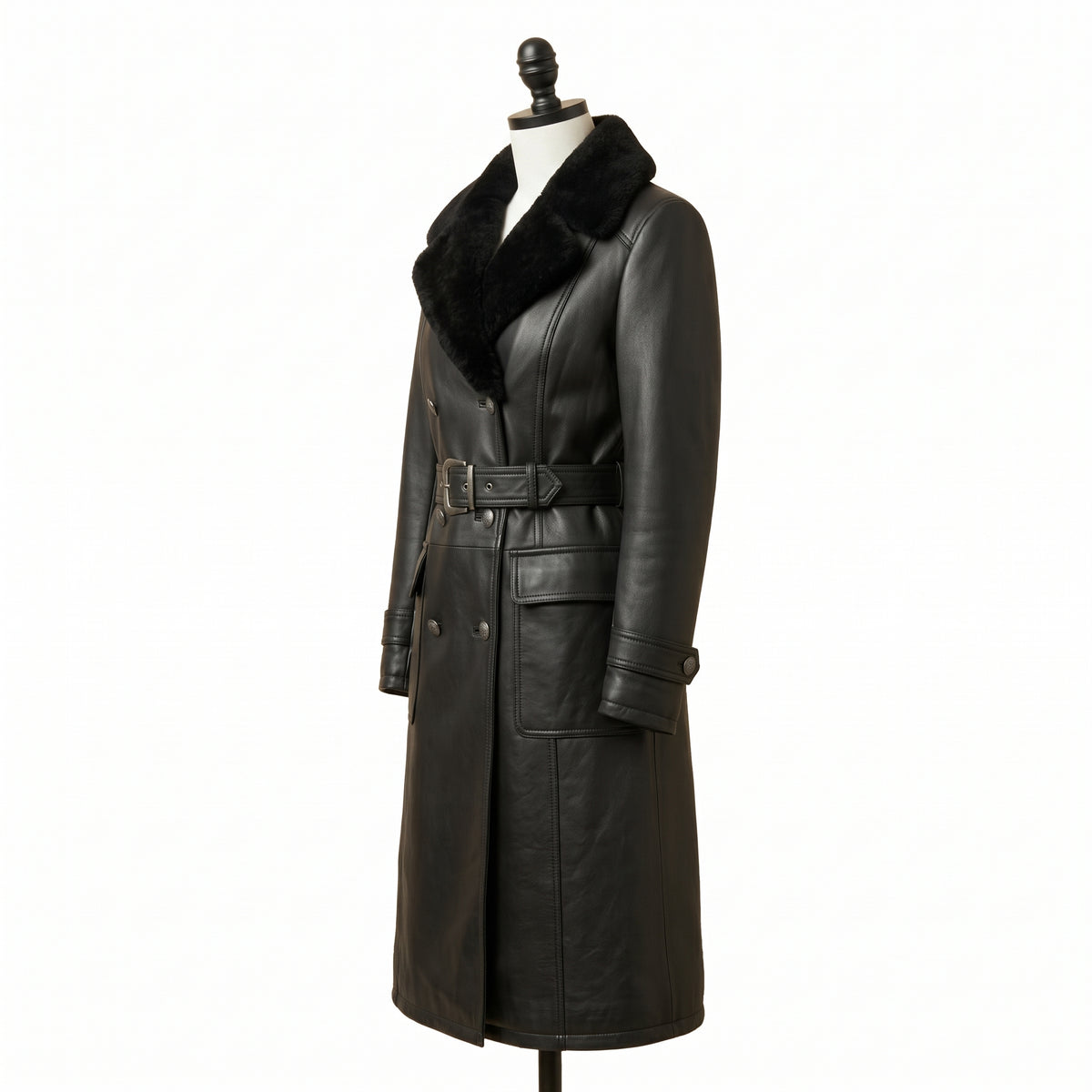 Women’s Double-Breasted Leather Trench Coat with Fur Collar