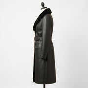 Women’s Double-Breasted Leather Trench Coat with Fur Collar