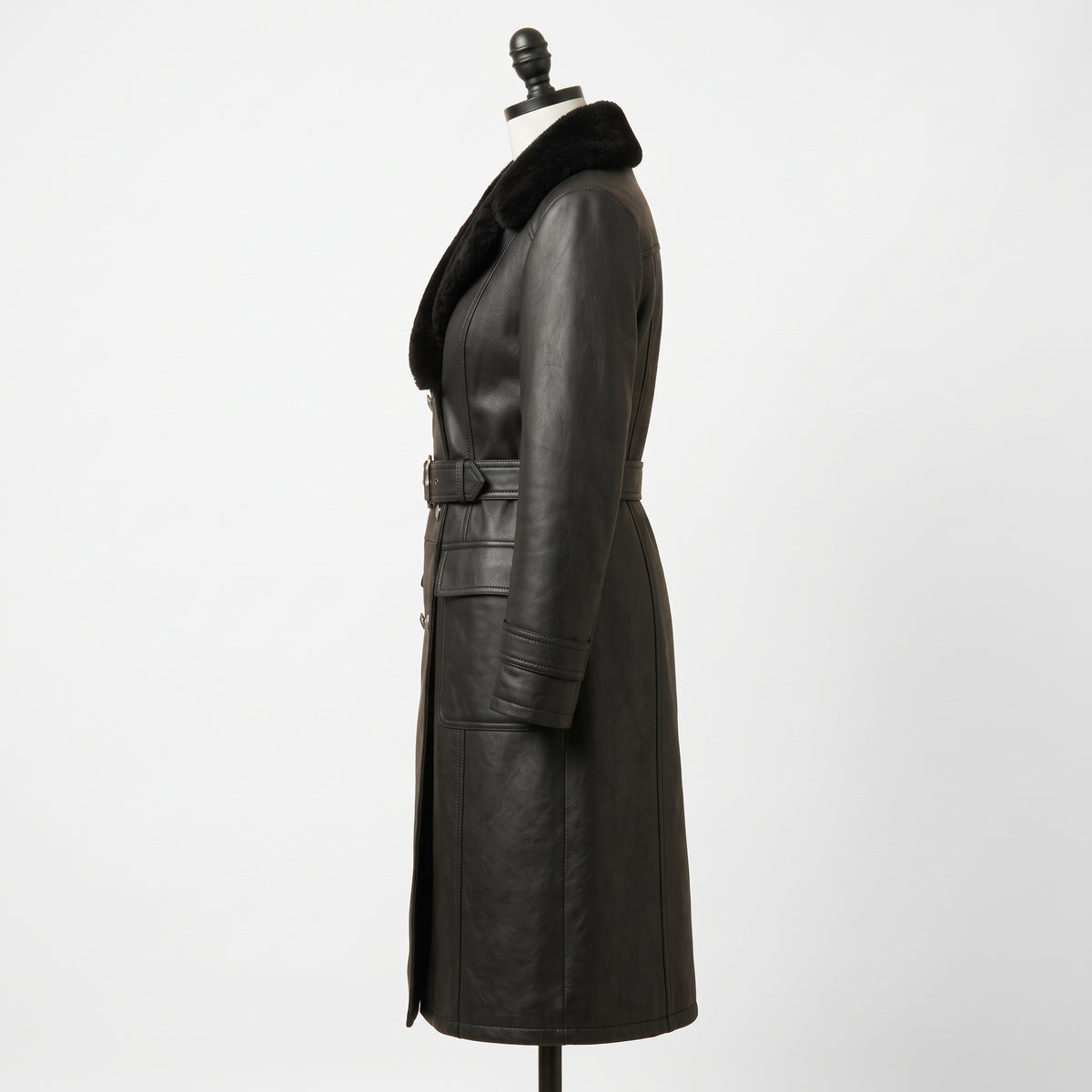Women’s Double-Breasted Leather Trench Coat with Fur Collar