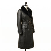 Women’s Double-Breasted Leather Trench Coat with Fur Collar