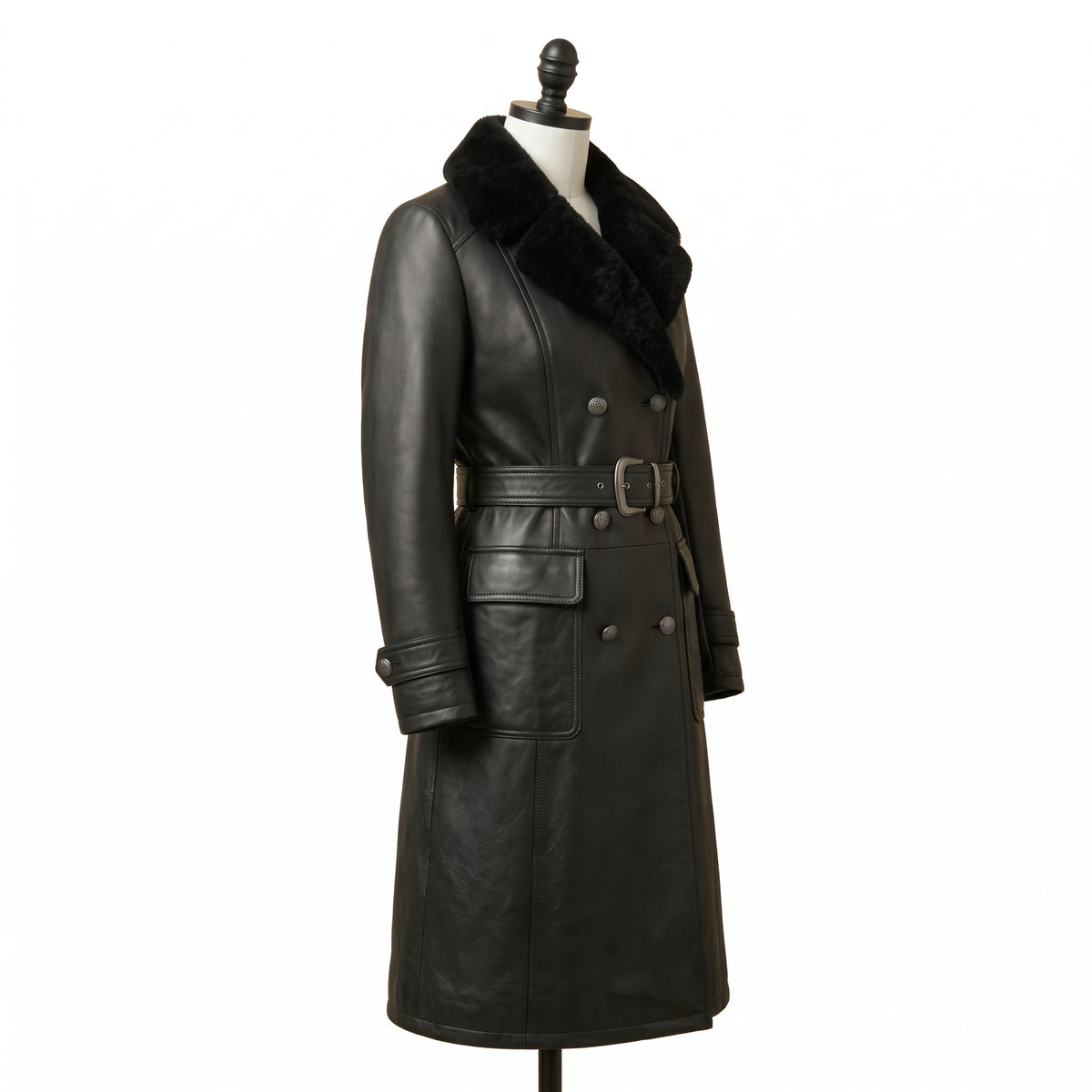Women’s Double-Breasted Leather Trench Coat with Fur Collar