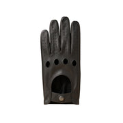 "A single black leather driving glove laid flat, showing four circular ventilation holes on the knuckle area, perforated fingers, and a snap-button wrist opening on a white background."