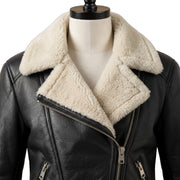 Women’s Black Shearling Leather Biker Jacket – Belted Aviator