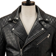 Men's Black Crocodile Embossed Quilted Leather Biker Jacket