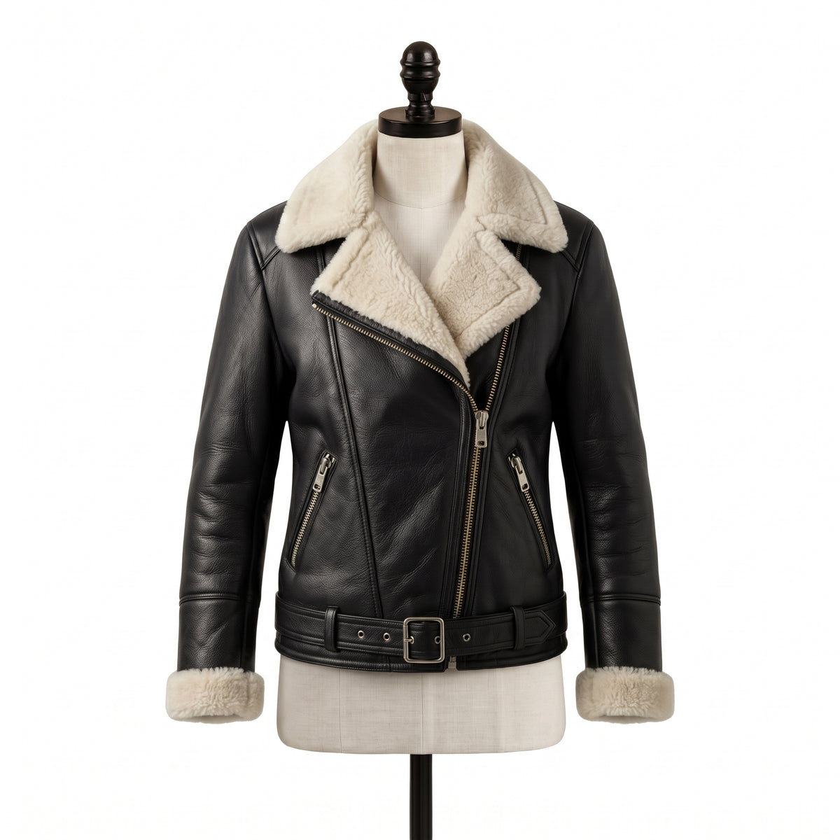 Women’s Black Shearling Leather Biker Jacket – Belted Aviator