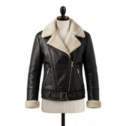 Women’s Black Shearling Leather Biker Jacket – Belted Aviator
