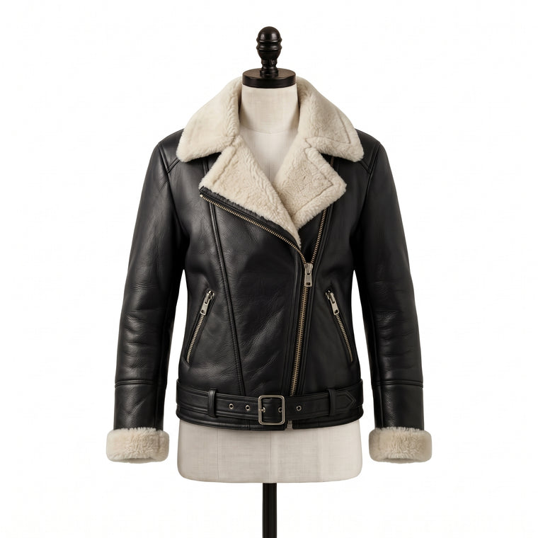 Women’s Black Shearling Leather Biker Jacket – Belted Aviator