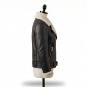 Women’s Black Shearling Leather Biker Jacket – Belted Aviator
