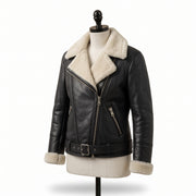 Women’s Black Shearling Leather Biker Jacket – Belted Aviator