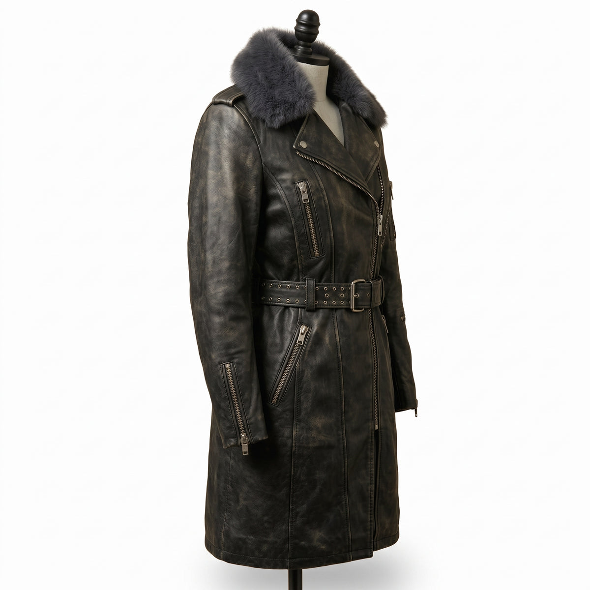 Women’s Long Leather Biker Trench Coat with Belt