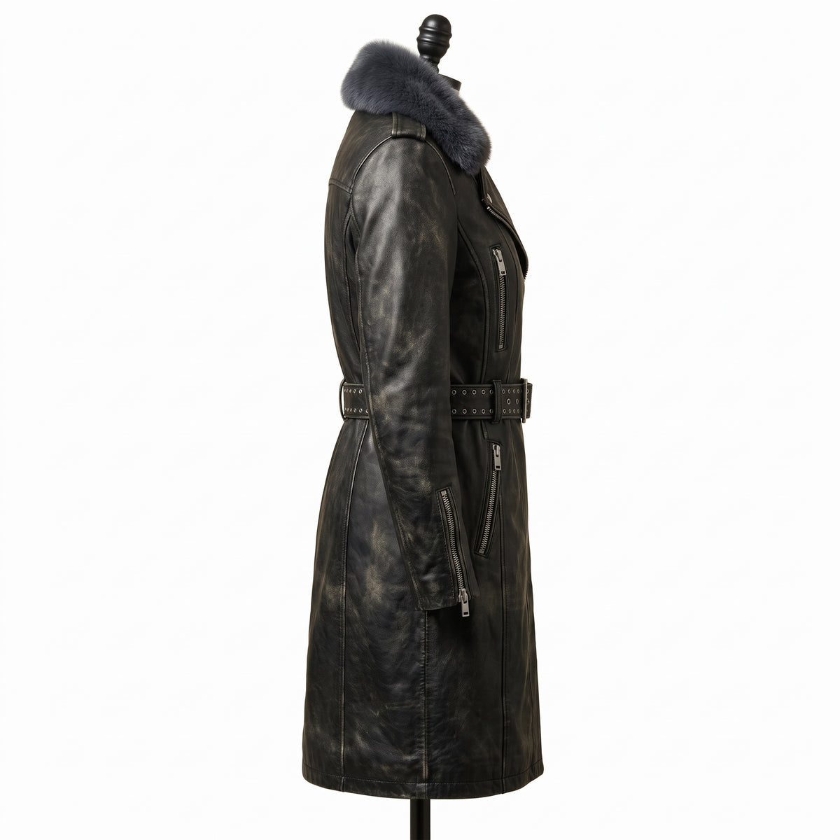 Women’s Long Leather Biker Trench Coat with Belt