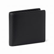 "Black leather bifold wallet standing upright at a three-quarter angle, slightly open at the top revealing an inner card slot edge, showcasing smooth leather texture and visible black stitching along all edges, photographed against a plain white background with a soft shadow beneath."