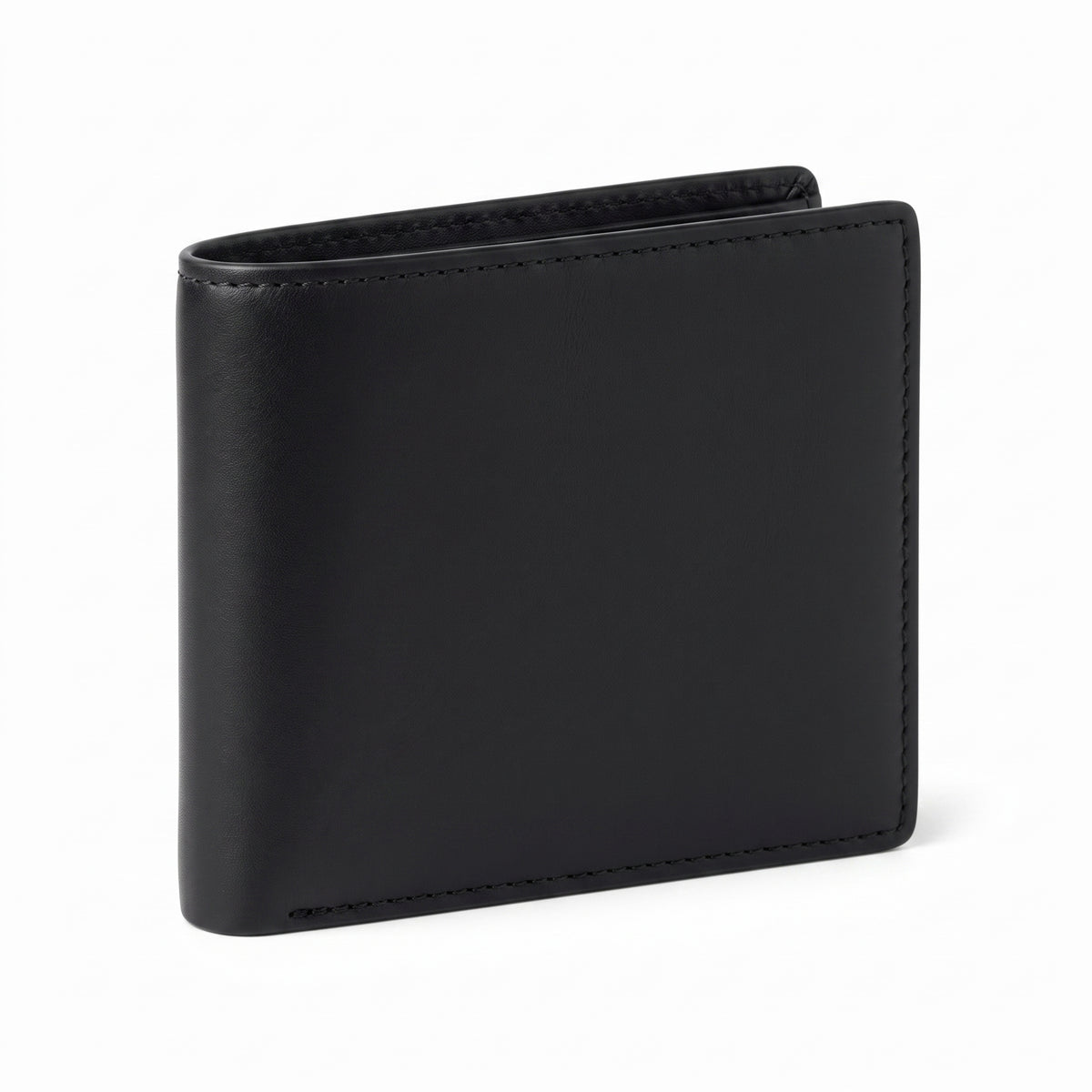 "Black leather bifold wallet standing upright at a three-quarter angle, slightly open at the top revealing an inner card slot edge, showcasing smooth leather texture and visible black stitching along all edges, photographed against a plain white background with a soft shadow beneath."