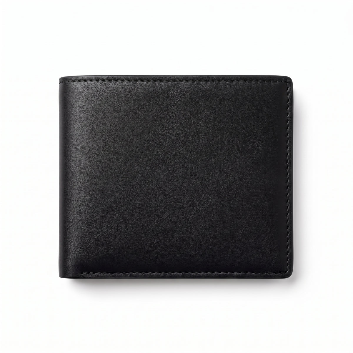Front view product shot of a black leather bifold wallet, closed, lying flat with rounded corners, visible hand-stitched edges in matching black thread along the border, smooth grained leather surface, photographed against a plain white background with a soft shadow beneath."