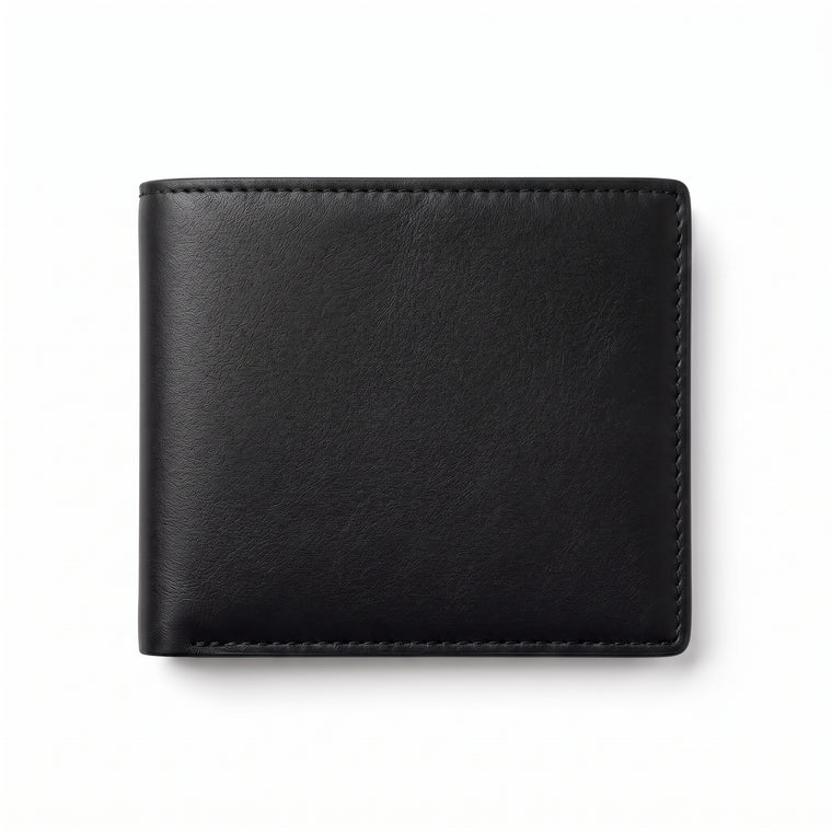 Front view product shot of a black leather bifold wallet, closed, lying flat with rounded corners, visible hand-stitched edges in matching black thread along the border, smooth grained leather surface, photographed against a plain white background with a soft shadow beneath."