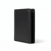 "Black leather bifold wallet standing upright in a vertical/portrait orientation, viewed from a side angle, slightly fanned open to reveal an inner card compartment with a partially visible card slot lining, showcasing smooth leather texture and black stitched edges, photographed against a plain white background with a soft shadow beneath."