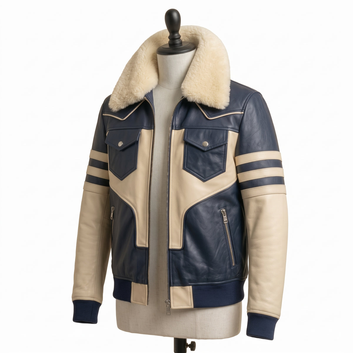 Men's Shearling Collar Leather Bomber Jacket