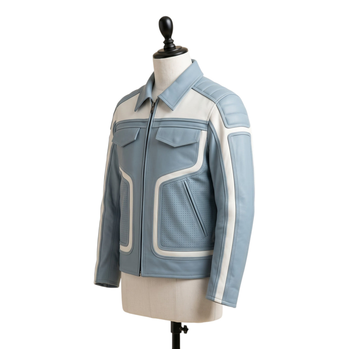 Two-Tone Leather Racer Biker Jacket – Blue & White
