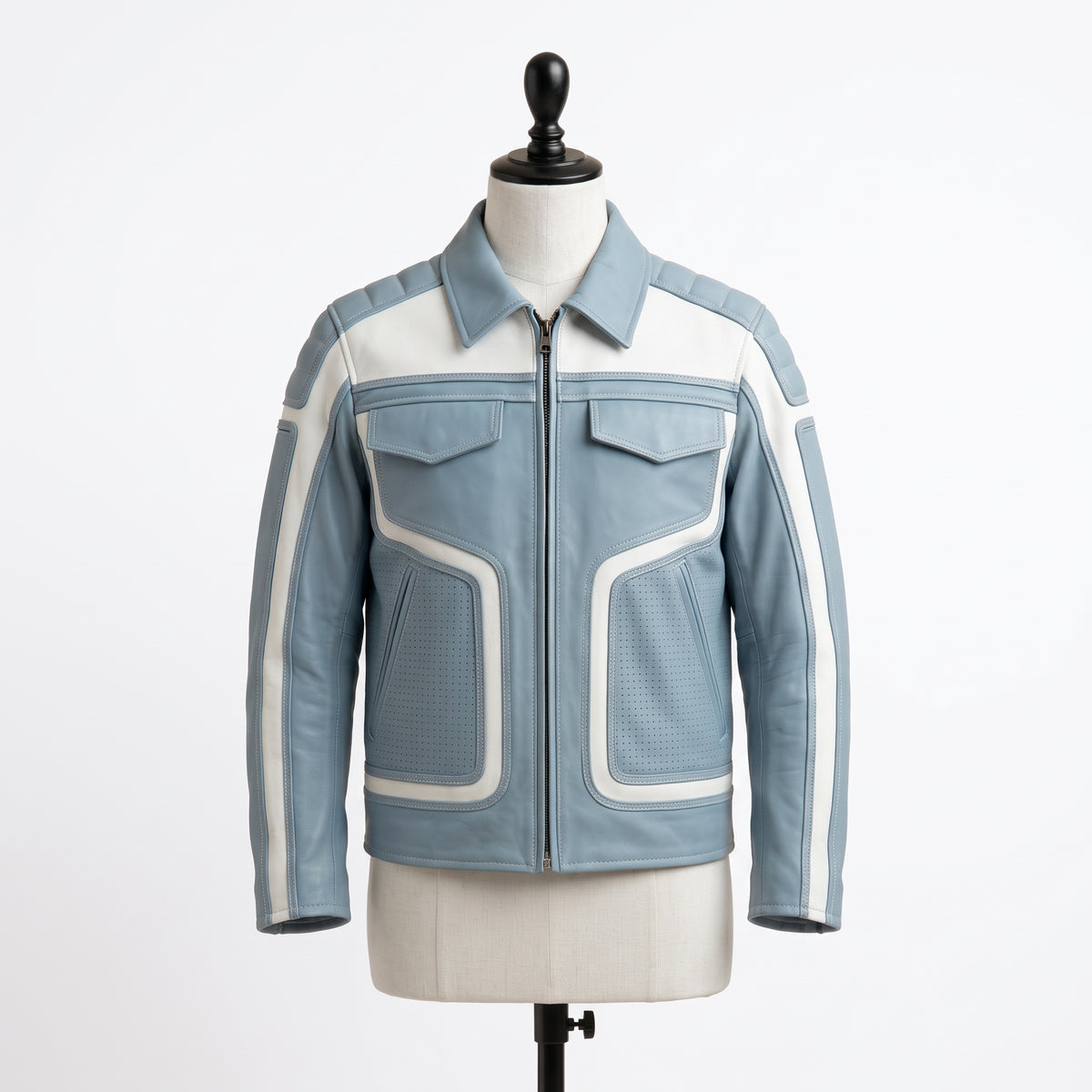 Two-Tone Leather Racer Biker Jacket – Blue & White