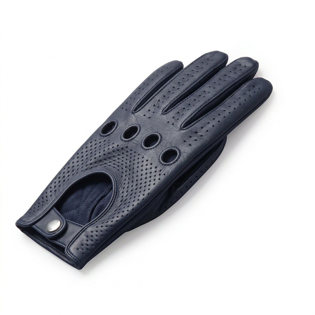 **"Navy blue leather driving glove with perforated knuckle vents and snap closure"**