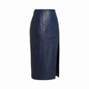 Navy Blue Side-Slit Leather Midi Skirt – Women’s Leather Skirt