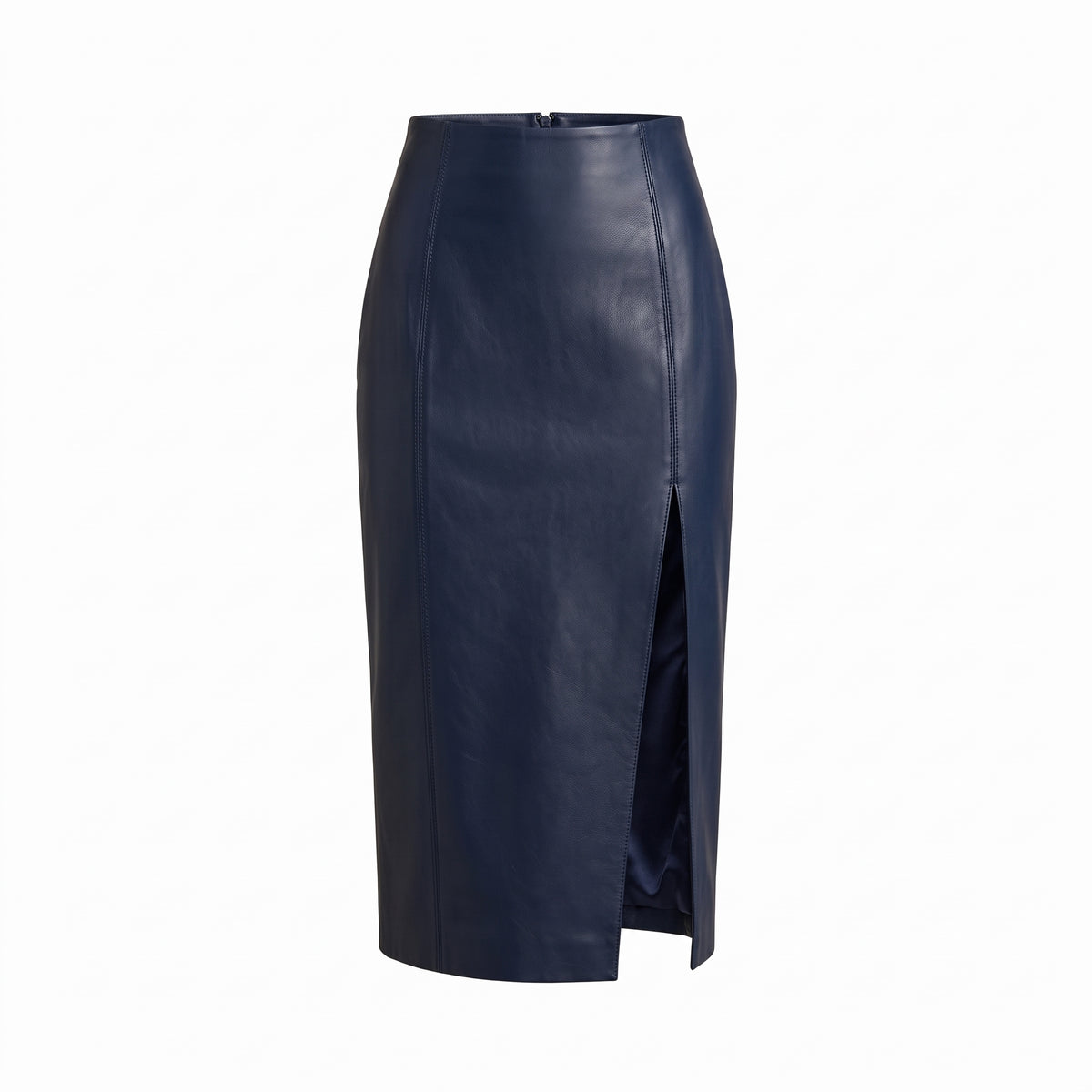 Navy Blue Side-Slit Leather Midi Skirt – Women’s Leather Skirt
