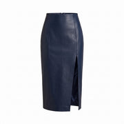 Navy Blue Side-Slit Leather Midi Skirt – Women’s Leather Skirt