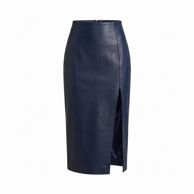 Navy Blue Side-Slit Leather Midi Skirt – Women’s Leather Skirt