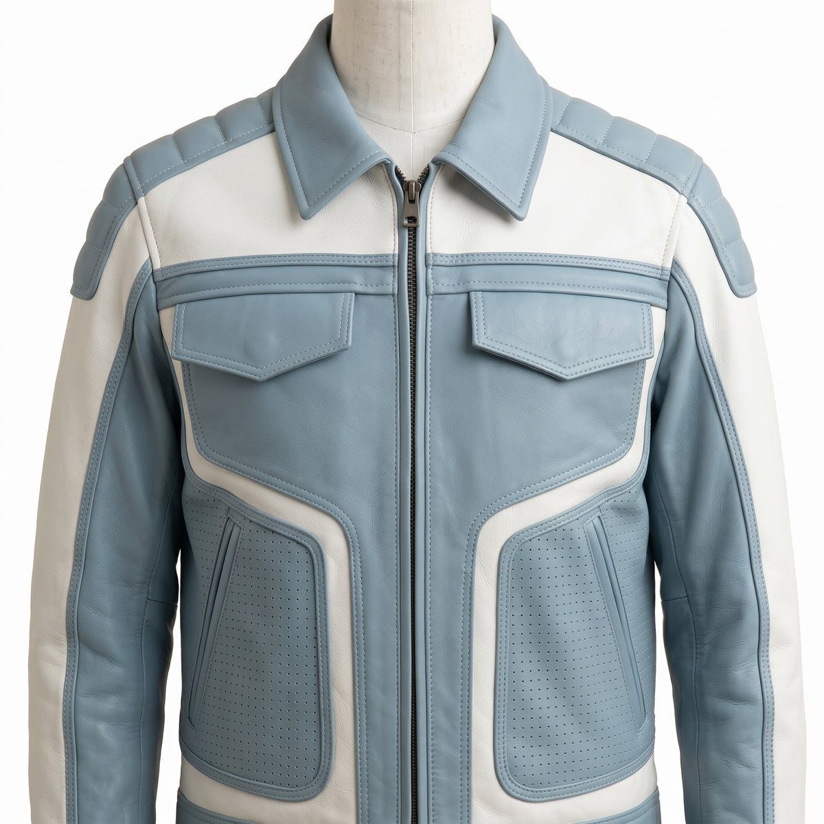Two-Tone Leather Racer Biker Jacket – Blue & White