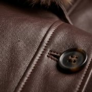 Women’s Single-Breasted Brown Leather Coat with Fur Collar