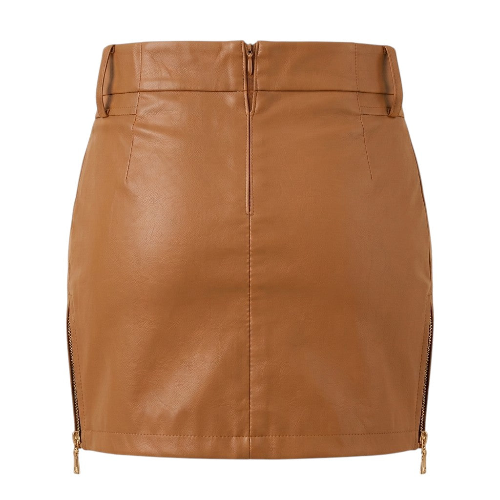 "Back view of brown faux leather mini skirt showing center back zipper closure, belt loops, side hem zippers, and fitted mini length on white background."