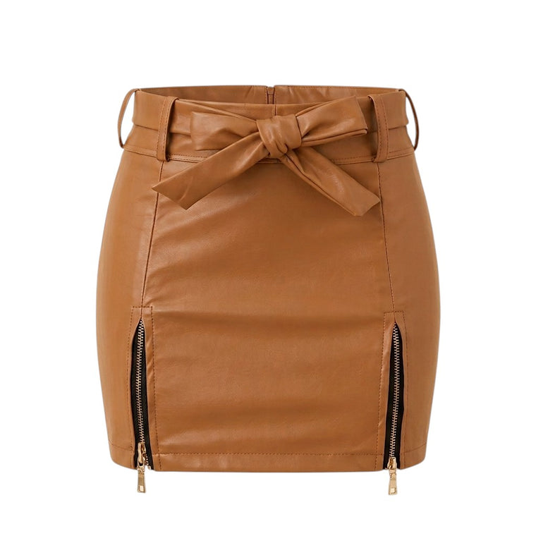 "Tan brown faux leather mini skirt with a tie-front bow belt and dual gold-tone front zippers, laid flat against a white background."