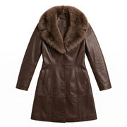 Women’s Single-Breasted Brown Leather Coat with Fur Collar