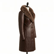 Women’s Single-Breasted Brown Leather Coat with Fur Collar