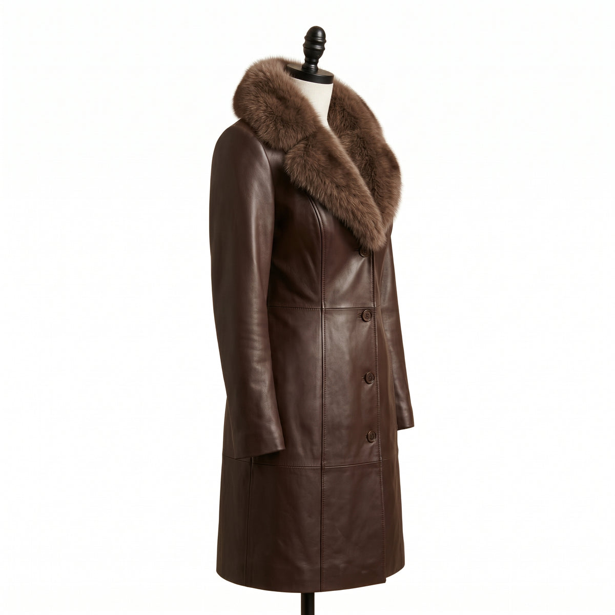 Women’s Single-Breasted Brown Leather Coat with Fur Collar