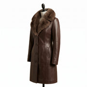 Women’s Single-Breasted Brown Leather Coat with Fur Collar
