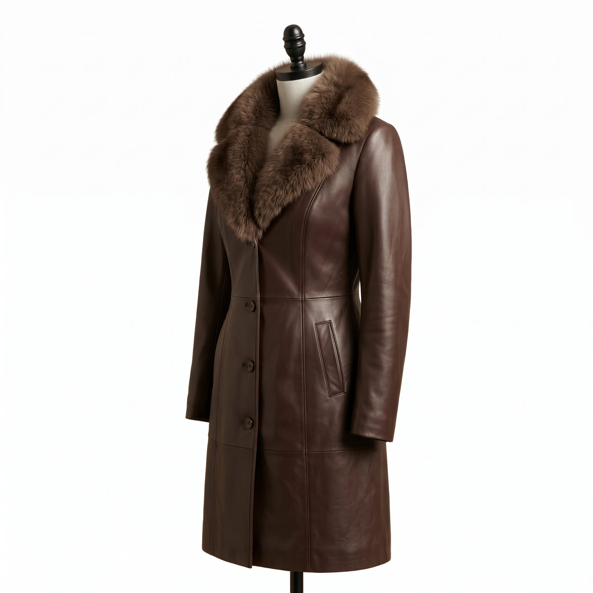 Women’s Single-Breasted Brown Leather Coat with Fur Collar