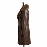 Women’s Single-Breasted Brown Leather Coat with Fur Collar