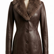 Women’s Single-Breasted Brown Leather Coat with Fur Collar