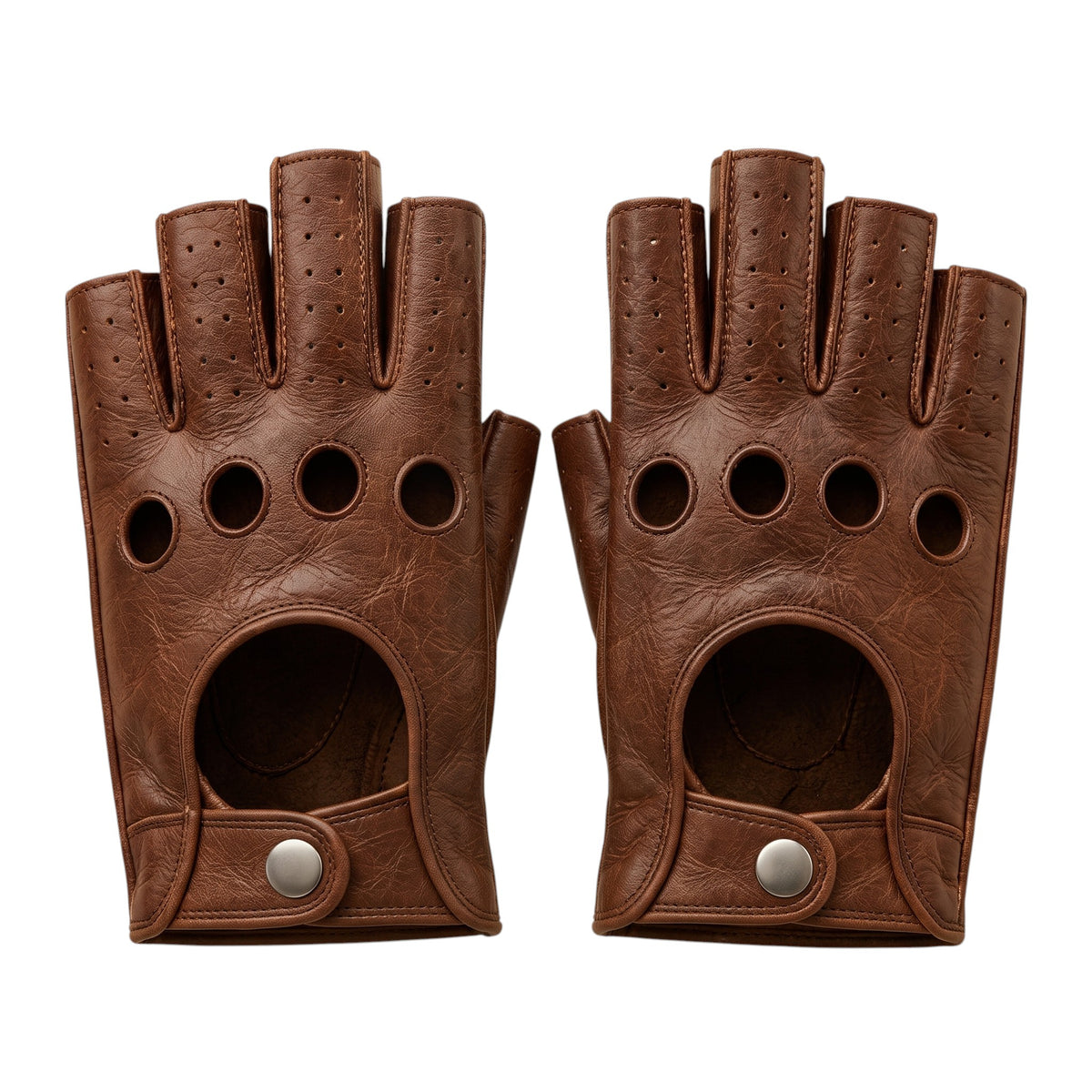 A pair of brown leather fingerless gloves with circular ventilation holes and silver snap closures, displayed against a solid white background.