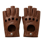 A pair of brown leather fingerless gloves with circular ventilation holes and silver snap closures, displayed against a solid white background.