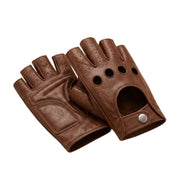 "A pair of brown leather fingerless driving gloves overlapping, showing the padded palm side of one glove and the perforated back-of-hand with a snap-button strap on the other, against a white background."