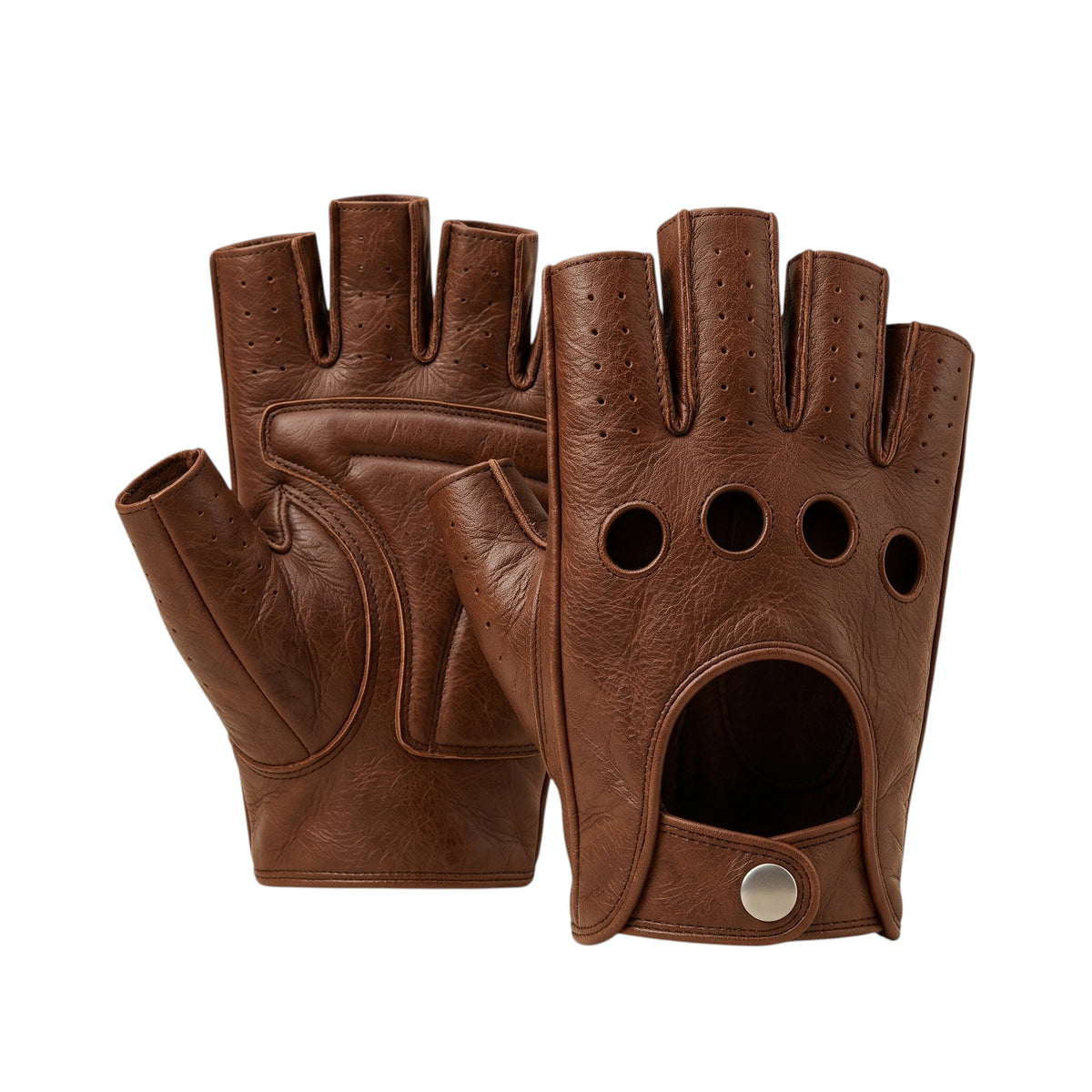 A pair of brown leather fingerless gloves shown against a plain white background, displaying both the back of one glove and the palm/front of the other.