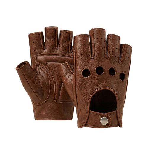 A pair of brown leather fingerless gloves shown against a plain white background, displaying both the back of one glove and the palm/front of the other.