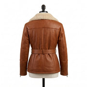 Women's Tan Brown Belted Shearling Leather Jacket