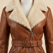 Women's Tan Brown Belted Shearling Leather Jacket