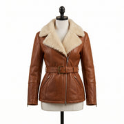 Women's Tan Brown Belted Shearling Leather Jacket