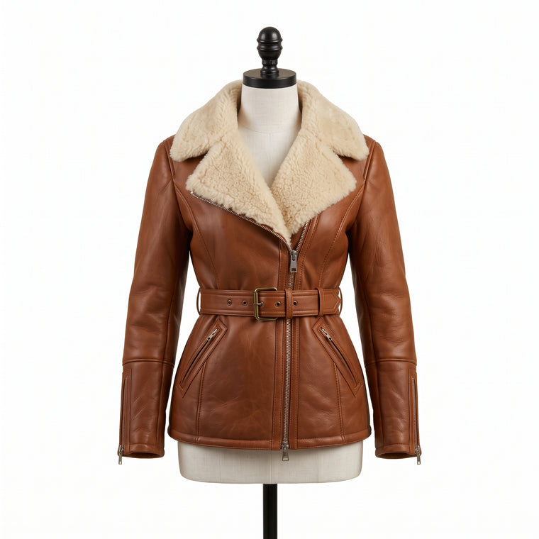 Women's Tan Brown Belted Shearling Leather Jacket