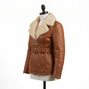Women's Tan Brown Belted Shearling Leather Jacket