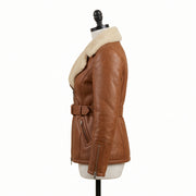 Women's Tan Brown Belted Shearling Leather Jacket